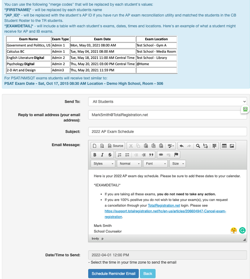 Compose Exam Schedule Email