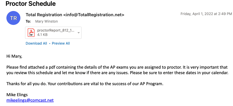 AP Exam Proctor Schedule Email Example