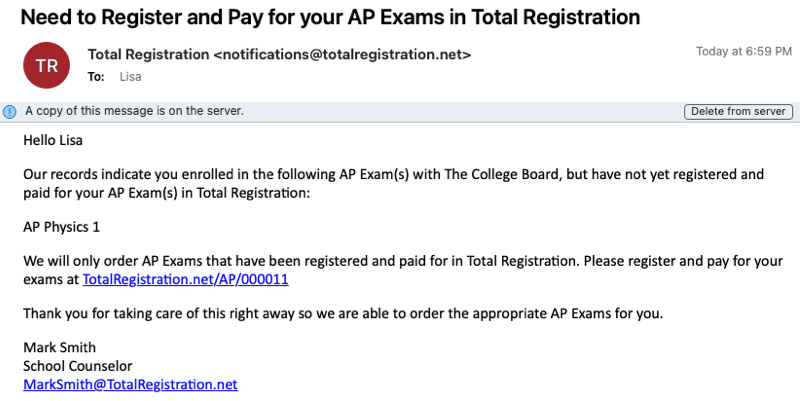 Email to a student that still needs to register and pay