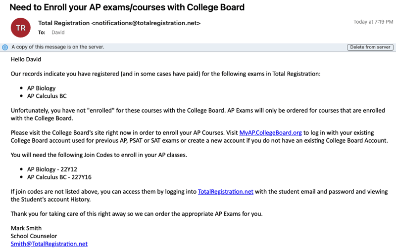 Email to a student who registered in TR but still needs to enroll exams in CB