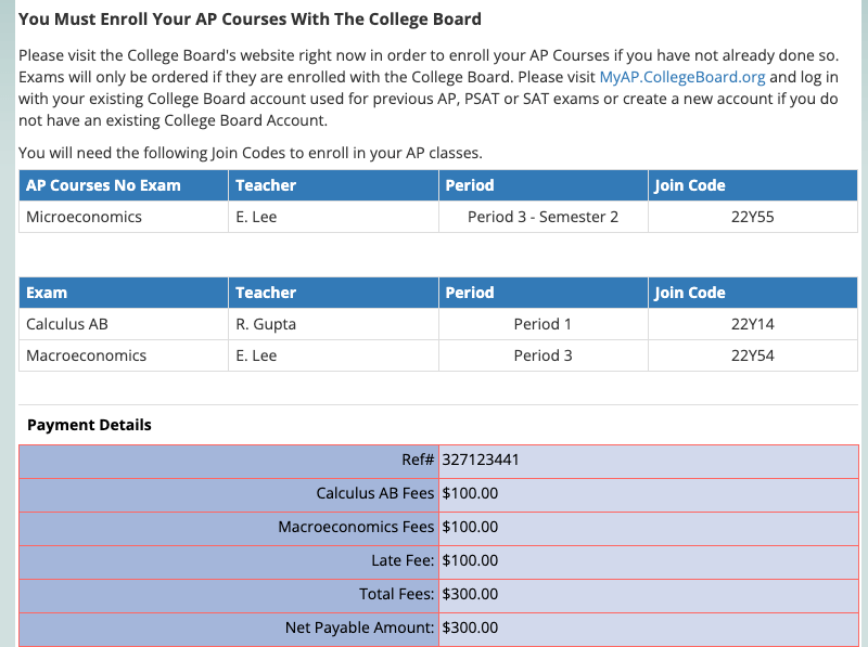 Student Confirmation page includes join codes