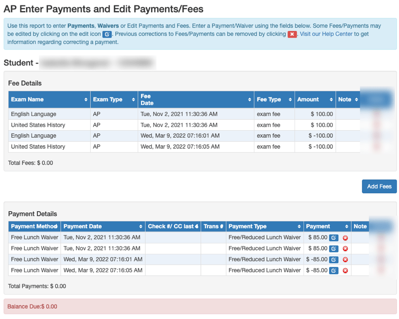 View/Edit Student's Fees/Waivers