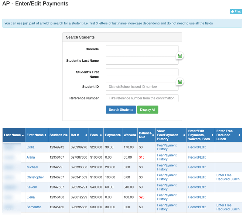 View/Enter/Edit Fees/Waivers